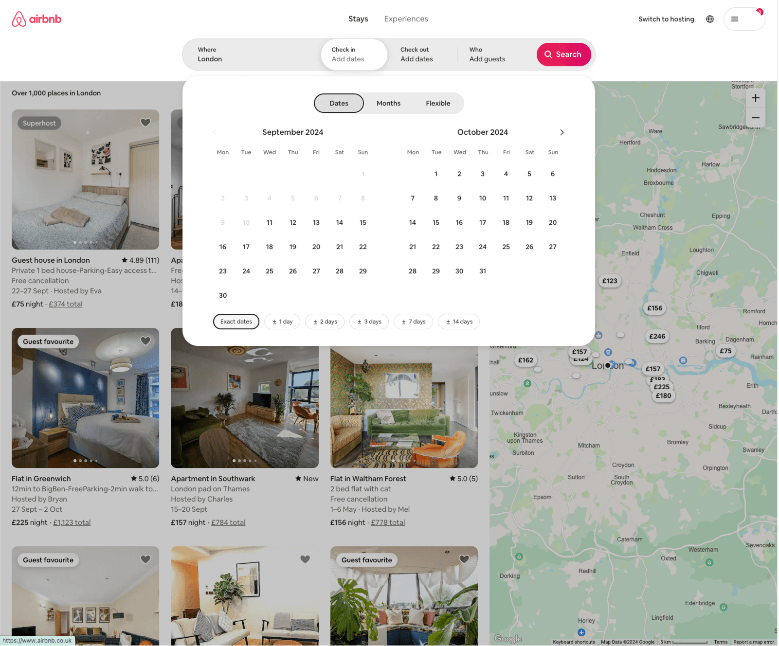 Airbnb search filter interface showing options to filter listings by type of place, price range, number of rooms and beds, amenities, and booking options. A map of London with listing prices is displayed on the right, while multiple property listings with photos and prices are shown on the left.