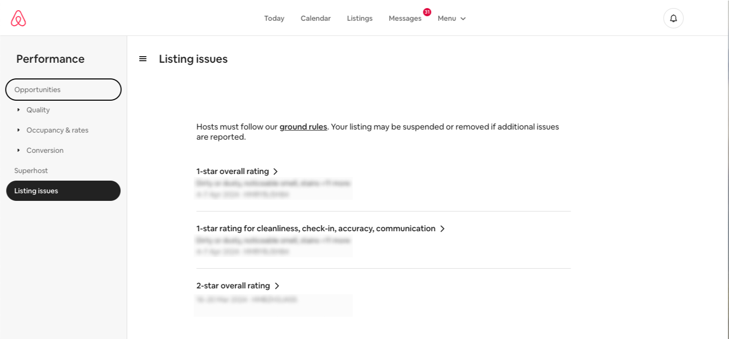 Airbnb Listing Issues dashboard showing overall and individual 1-star ratings for cleanliness, check-in, accuracy, and communication.
