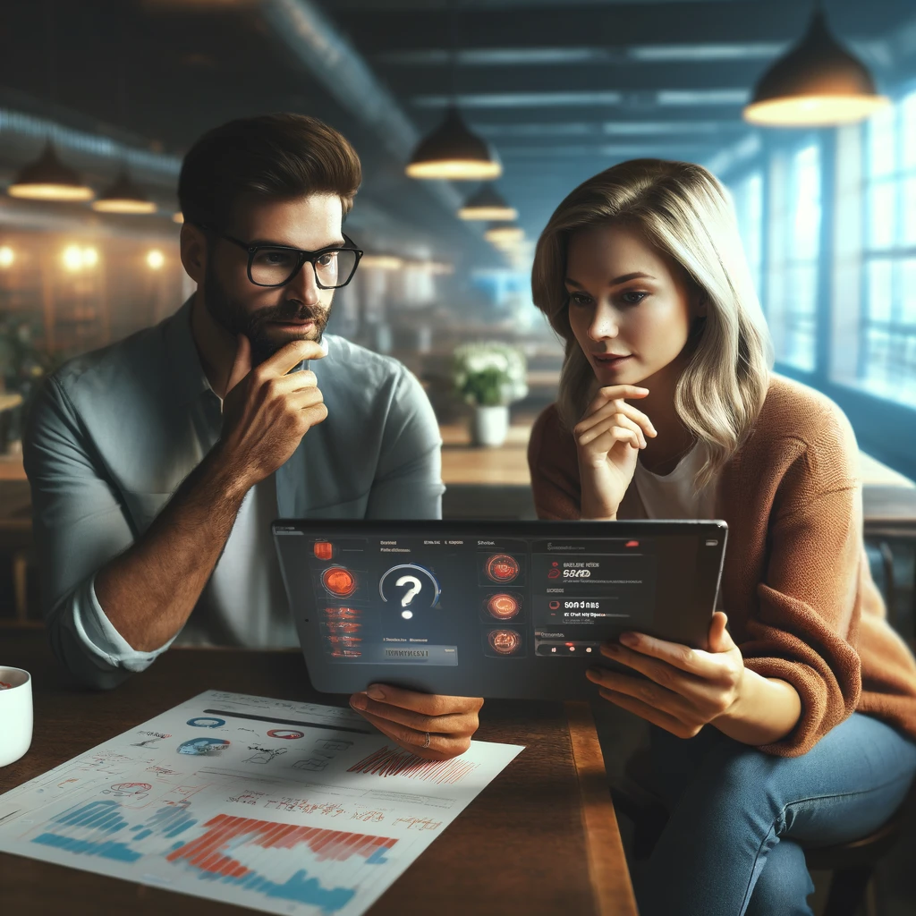 Man and Woman analyising data with an Ipad by asking quesitons